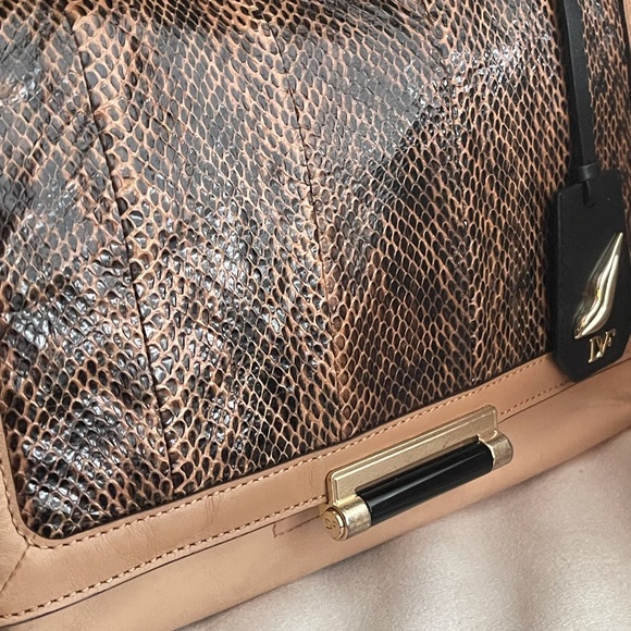 DVF Genuine Leather Snakeskin Print Satchel Bag - Black & Tan - Picture 3 of 16